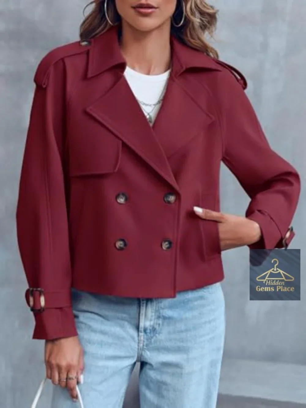 Women's Cropped Double Breasted Trench Coat 100% Polyester Lapel Windbreaker